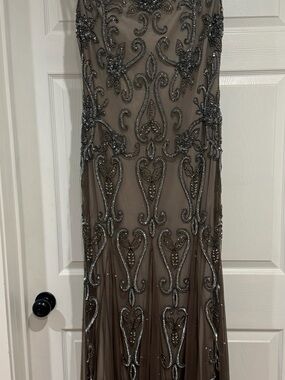 Taupe Beaded Prom Dress with Silver Embellishment
